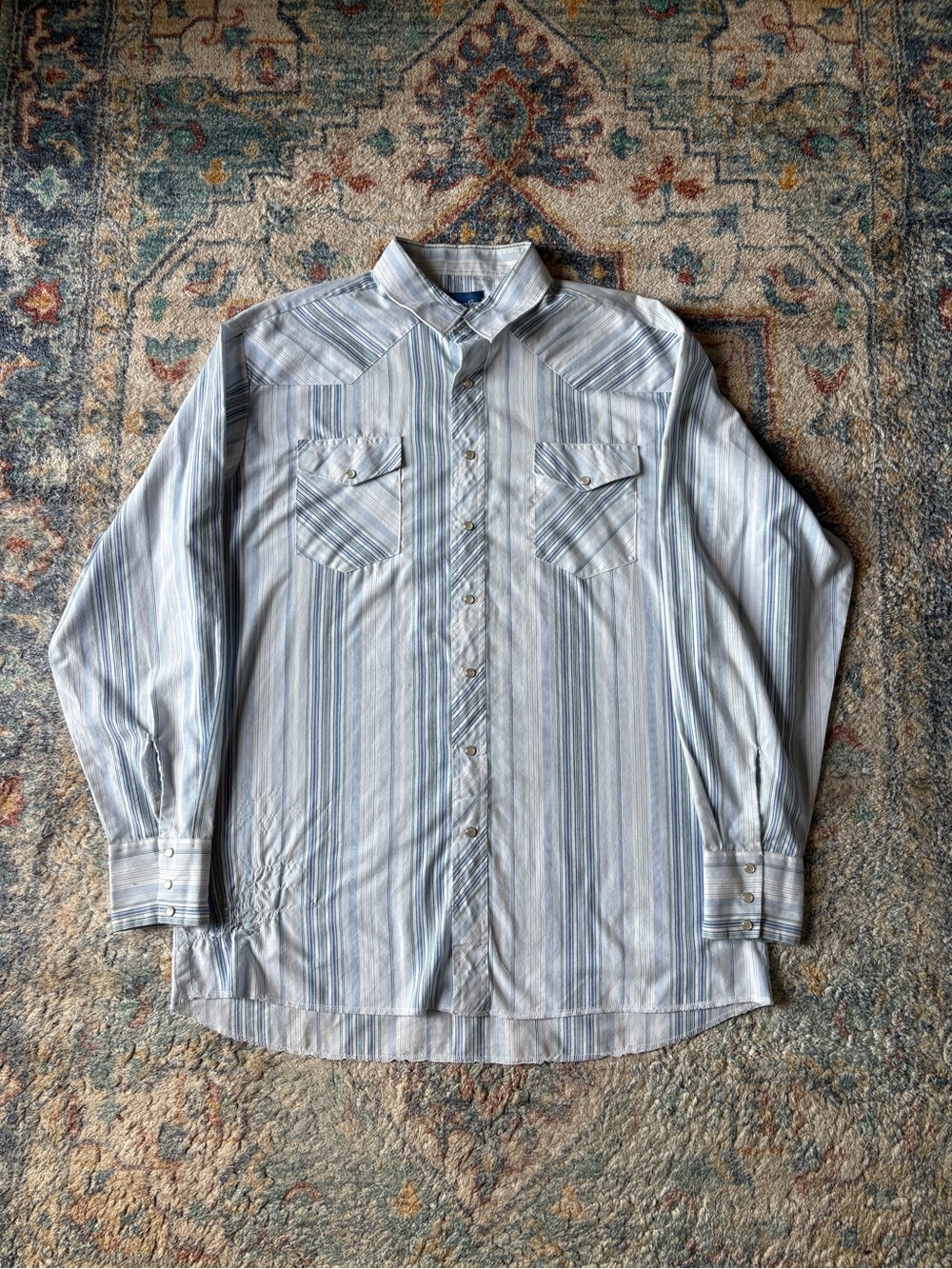 Vintage Wrangler Blue Striped Pearl Snap Shirt Size XXL